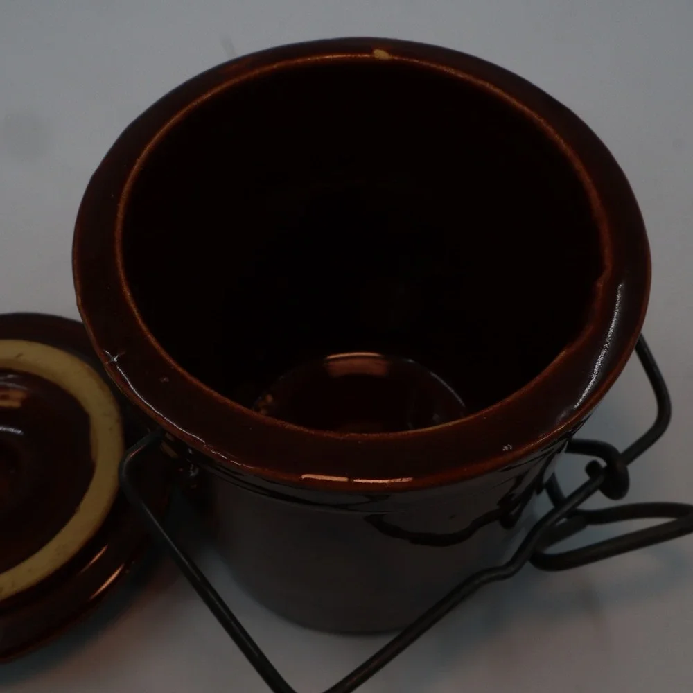 Stoneware Crock Jar Unisex 5in Brown‎ Glazed Wire Bale Lid Vintage